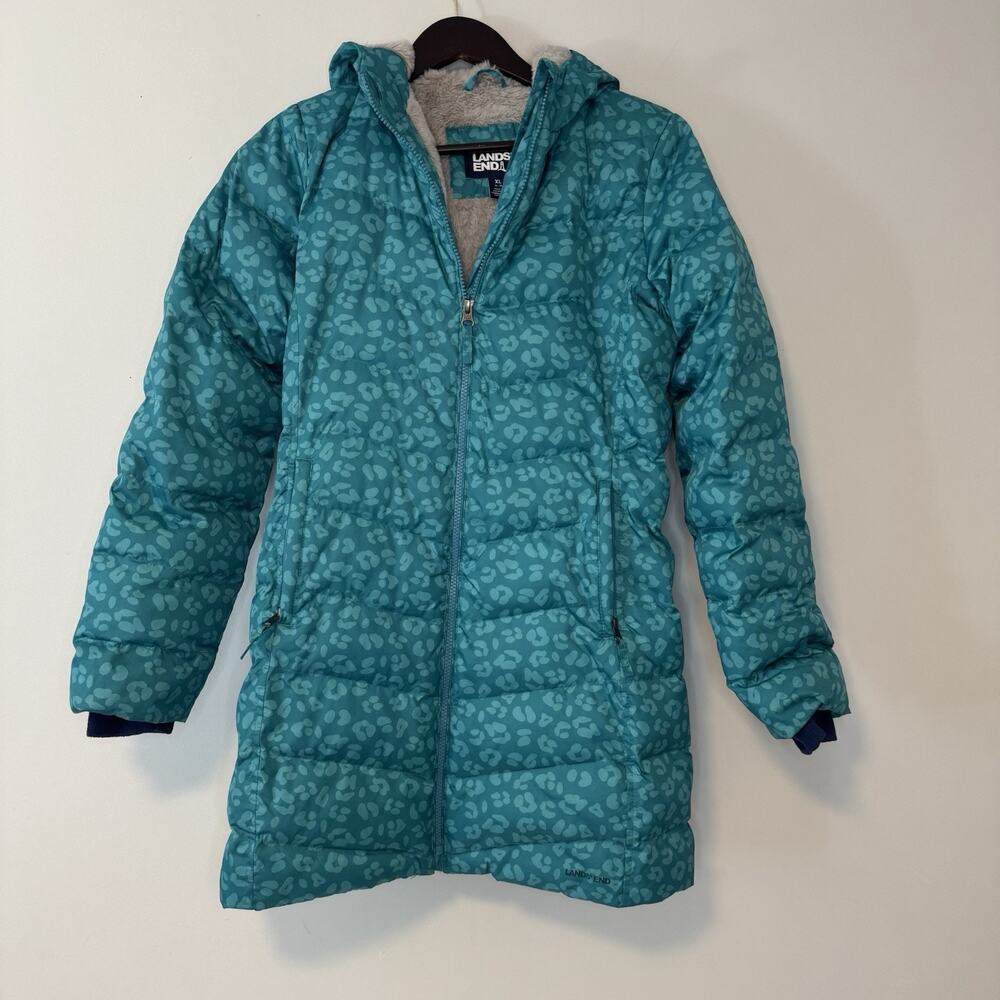 Lands End Girls XL Teal Cheetah Print Faux Fur Lined Hooded Puffer Parka Jacket